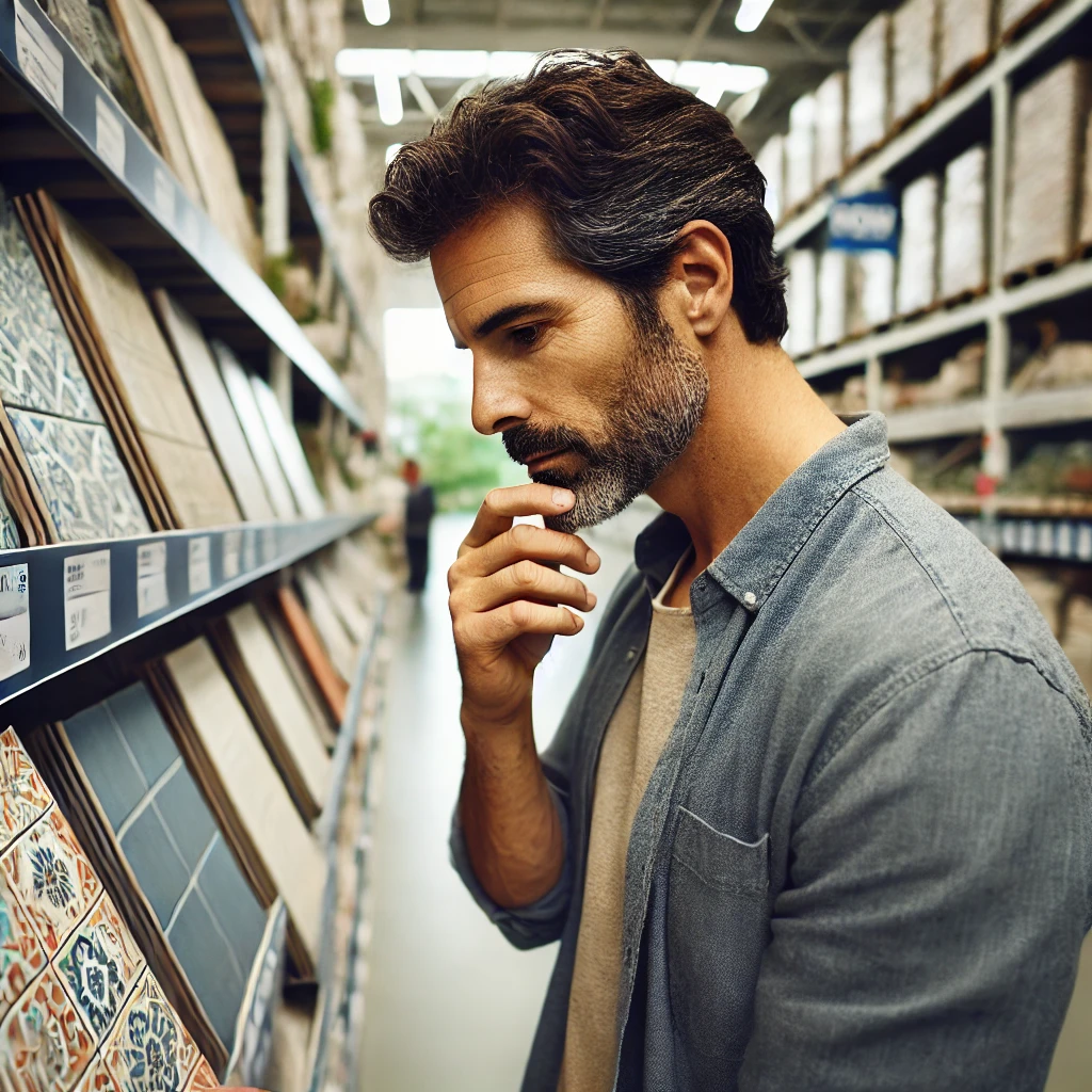 A person examining tile options in a home improvement store